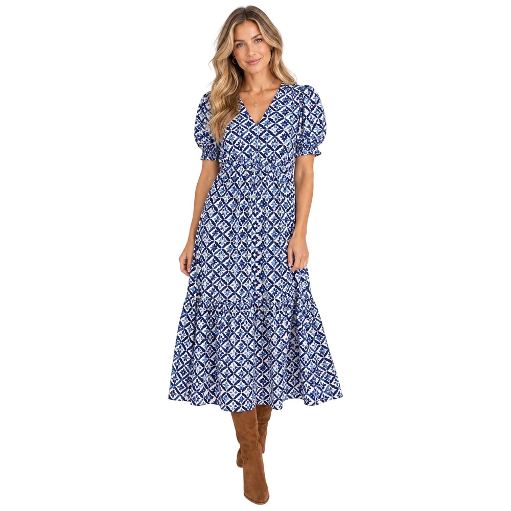NWT Boden Blue White Geometric Floral Midi Dress US 12P UK 16P Short Puff Sleeve